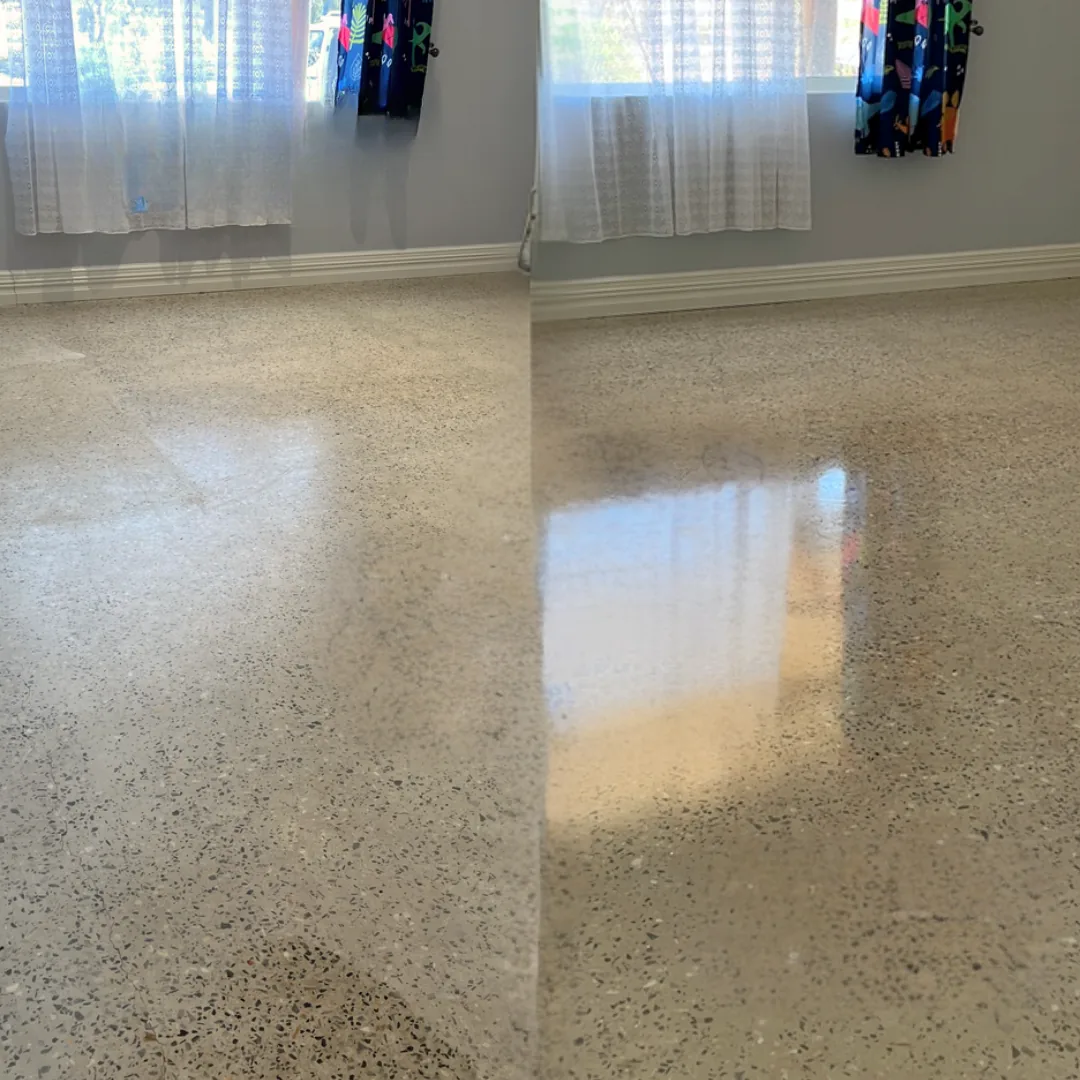Before and after comparison of polished concrete floor care