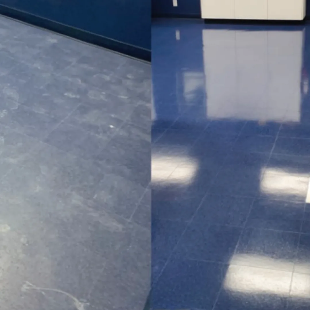 Before and after comparison of blue resilient floor tiles